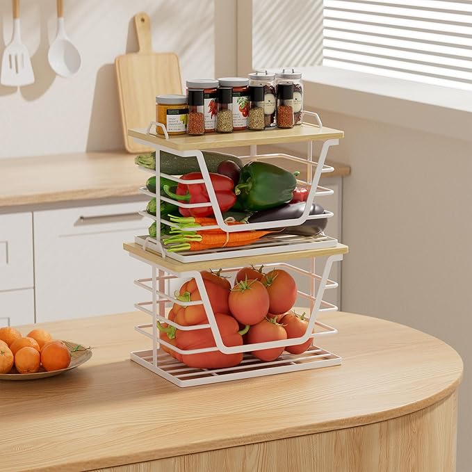 2 Pack Stackable Trash Bag Holders with Wood Top, Large & Small Garbage Bag Dispenser for Kitchen, Pantry, Laundry Room Organization, Wall Mount or Countertop Use, White