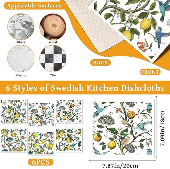 Lemons Swedish Dishcloths for Kitchen, 6 Pack Reusable Vintage Dish Cloths Towels, Absorbent Sponge Cleaning Towel Wipes for Spring Summer Kitchen Cooking Home Decoration Gifts