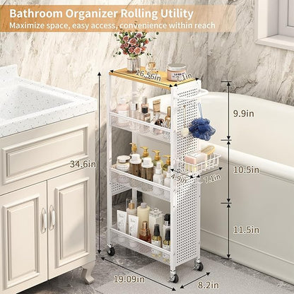 Slim Storage Rolling Cart: 4-Tier Narrow Metal & Wood Utility Cart with Wheels for Kitchen/Laundry/Bathroom(White)