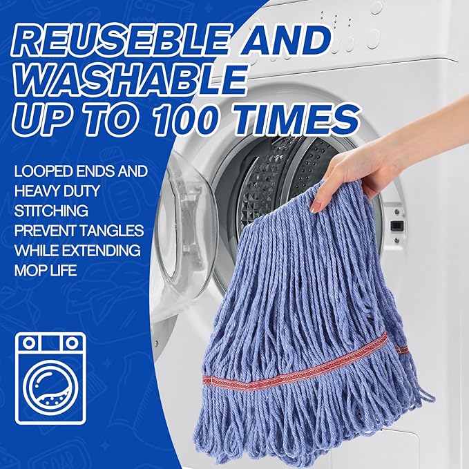 Eccliy 6 Pack Mop Heads Replacement Commercial Industrial Mop Heads Heavy Loop End Cotton String Heavy Duty Refills Wet Washable Refills for Home General Floor Cleaning (Blue,Red)