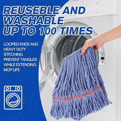 Eccliy 3 Pack Mop Heads Replacement Commercial Industrial Mop Heads Heavy Loop End Cotton String Heavy Duty Refills Wet Washable Refills for Home General Floor Cleaning (Blue,Red)