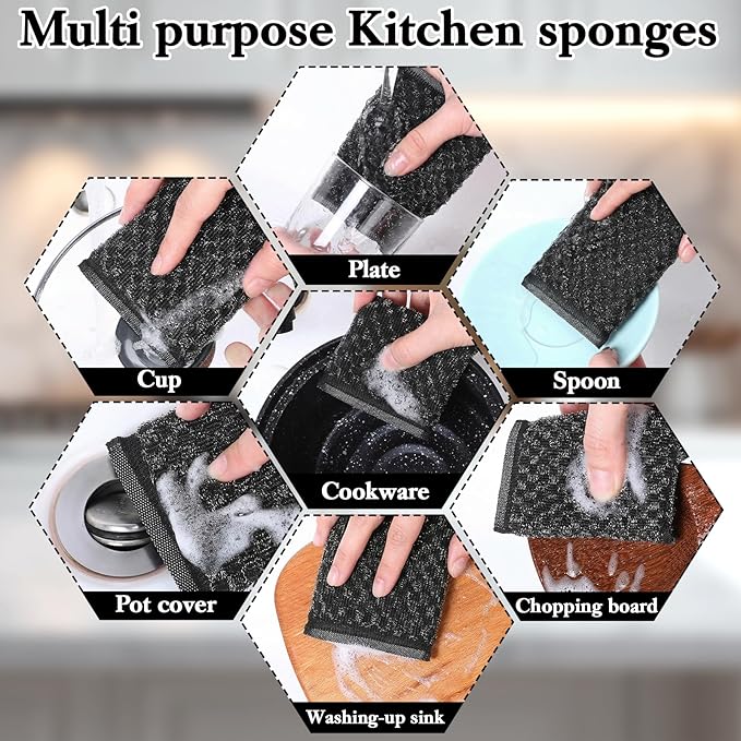 6 Pack Steel Wool Scrubber Sponges, Heavy Duty Stainless Steel Scouring Pads Reusable Non Scratch Kitchen Metal Sponges Cleaning Tool for Pots and Pans Tough Grease & Grime (Black, Diamond Pattern)