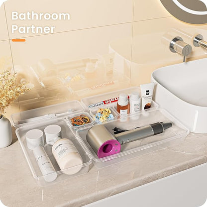A-LuGei 【Military Grade Drawer Organizer, 【𝟱𝗦𝗶𝘇𝗲】 Makeup organizer, 【Holds 177 Items】 Bathroom Organizers and Storage, Organization and Storage, Desk Drawer Organizer for Vanity (Clear)
