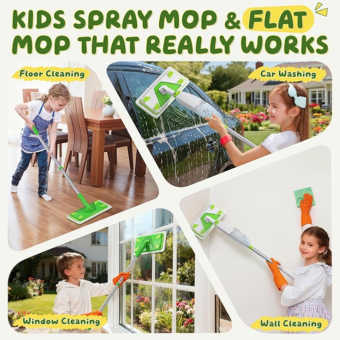 2-Set Toy Mop for Kids - Toddler Real Spray Flat Floor Mop Montessori Cleaning Toy Set, Educational and Fun Gifts for Boys and Girls Ages 4+
