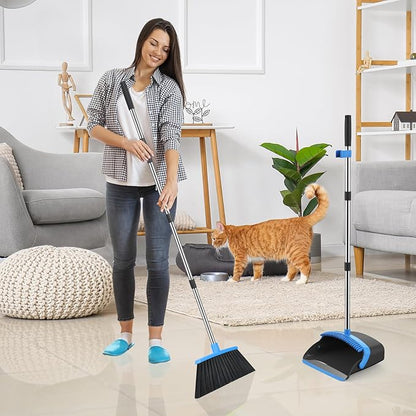 NACENA Broom and Dustpan Set, 52-in Long Adjustable Handle Broom Dustpan Combo with Dustpan Teeth to Automatically Clean Hair Suitable for Home Kitchen Office Hall Floor (Black&Blue), 2 Pack