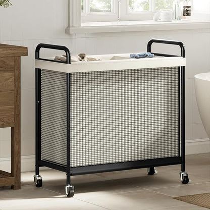 WOWLIVE Laundry Hamper 3 Section, 120L Rolling Laundry Basket with wheels and Removable Liner Bag, Laundry Sorter with Metal Handle, Large Clothes Hamper for Laundry Room, Bathroom and Dorm, Beige