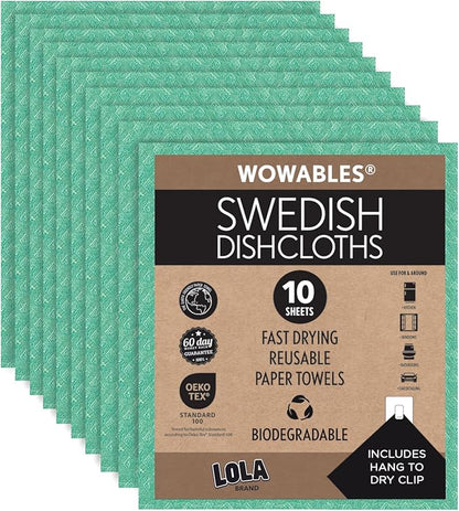 LOLA Swedish Dishcloths for Kitchen 10 Sheets, Biodegradable & Compostable Reusable Paper Towel Cleaning Cloths No Odor Washing Dishes Ultra Absorbent Cellulose Sponge Towel Made in Germany