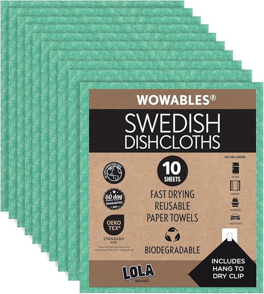 LOLA Swedish Dishcloths for Kitchen 10 Sheets, Biodegradable & Compostable Reusable Paper Towel Cleaning Cloths No Odor Washing Dishes Ultra Absorbent Cellulose Sponge Towel Made in Germany
