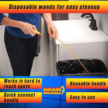 FlexiSnake Drain Weasel Sink Snake Hair Clog Remover Tool, Pipe, Bathroom, Bathtub Drain Cleaner, 30", Made in The USA, 2 Wands and Handle