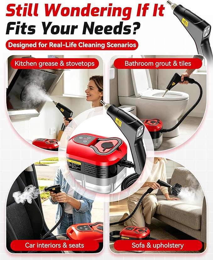 Handheld Steam Cleaner – 2500w Steam Cleaner, 10s Fast Heat, 6 Adjustable Levels, 40.6oz Large Tank, Complete Cleaning Kit, Multi-surface for Grease, Grout, Kitchen, Bathroom, Sofa & Car (Red)
