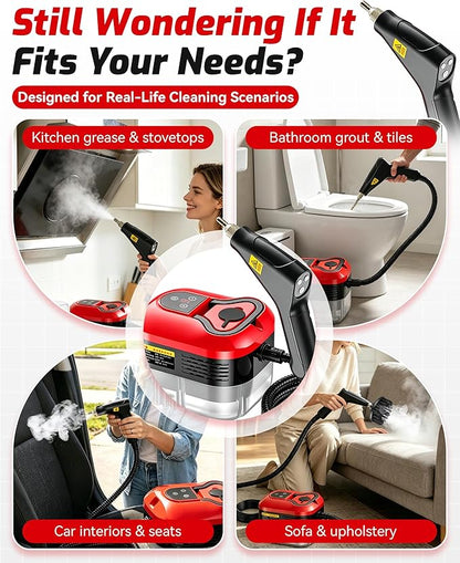 Handheld, 2500w Handheld High-Temperature Pressurized Steam Cleaner, 15s Fast Heating, 6-Level Adjustable Settings for Car, Kitchen, Bathroom, Furniture, Windows (Red)