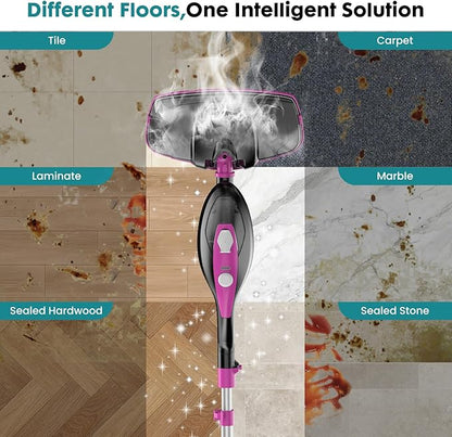 OLIXIS 10-in-1 Steam Mop, 1550W Detachable Handheld Steam Cleaner for Floor Cleaning, 16.4FT Cord, 2 Washable Pads, Multi-Purpose Floor Steamer for Hardwood, Carpet, Tile, Grout, Windows, Black Pink