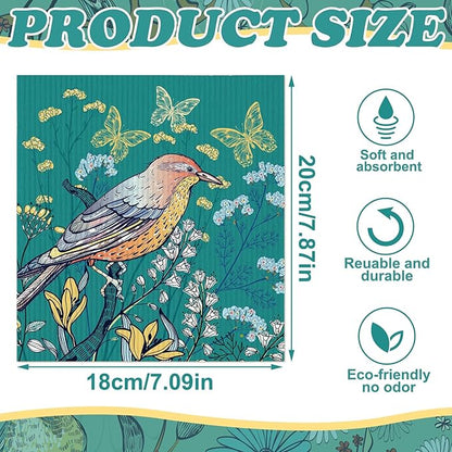 Sunnyray 12 Pcs Swedish Kitchen Dish Towels Dishcloth Reusable Sponge Cleaning Cloth Kitchen Towels Absorbent Washable Dish Cloth Drying Hand Towel (Bright Color,Bird)