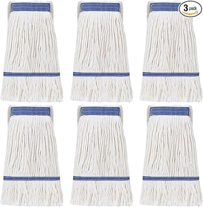 Eccliy 3 Pack Mop Heads Replacement Commercial Industrial Mop Heads Heavy Loop End Cotton String Heavy Duty Refills Wet Washable Refills for Home General Floor Cleaning (White,Blue)