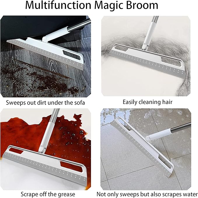 Multifunction Rubber Air Broom, Silicone Floor Squeegee with 56" Long Handle, Rubber Sweeper, Air Broom for Floor Bathroom Kitchen Shower Tile Pet Hair Fur Marble Glass Water Window Foam Clean (Grey)