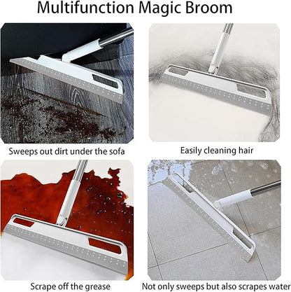Multifunction Rubber Air Broom, Silicone Floor Squeegee with 56" Long Handle, Rubber Sweeper, Air Broom for Floor Bathroom Kitchen Shower Tile Pet Hair Fur Marble Glass Water Window Foam Clean (Grey)