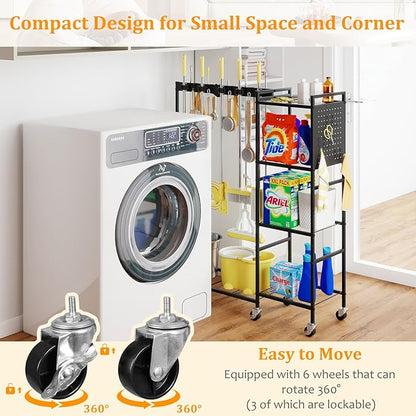 AGESISI 46" H Broom Holder with Cleaning Supplies Organizer, Mop Rack Storage with 4-Tier Shelves, 10 Gripper Clips, 4 Double-Hooks, 3 Hooks, Metal Utility Carts on Wheels for Home Essentials, Black