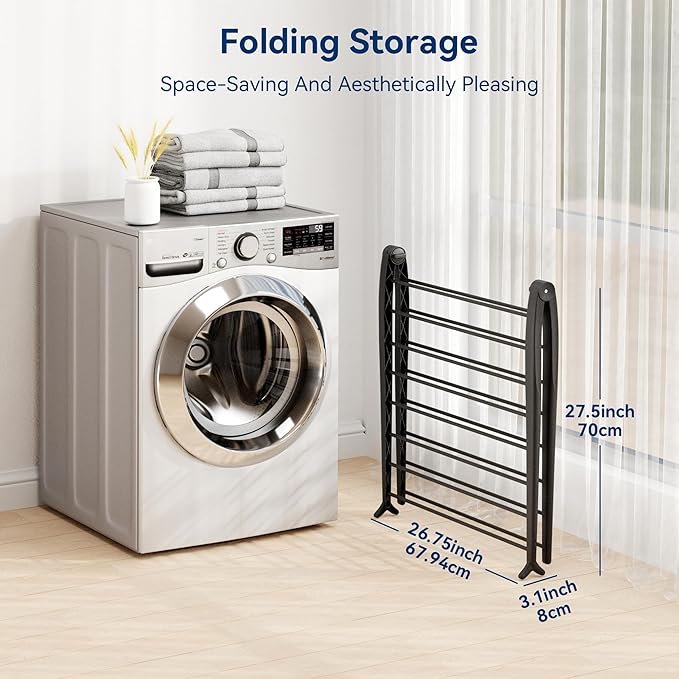 Whitmor Spacemaker Folding Drying Rack, Indoor Clothes Organizer with Patent-Pending Design, Space Saving, 6" L x 26" W x 51.5" H, Black Deluxe