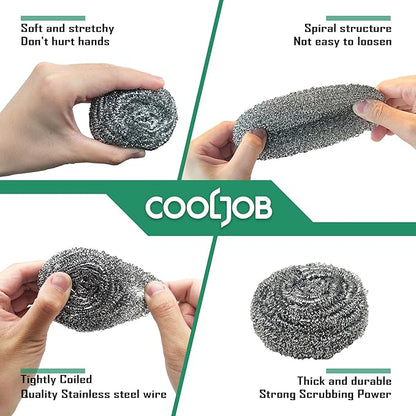 COOLJOB 12 Pack Stainless Steel Scrubber Sponges, Heavy Duty Tough Metal Scouring Pads for Dishes, Pans, Pots, Ovens, Uncoated Cookware, Powerful to Clean Grease Dirt Oil or Rust (Sliver, 25 Grams)