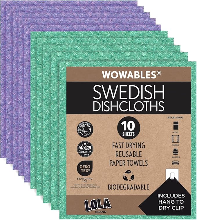 LOLA Swedish Dishcloths for Kitchen 10 Sheets, Biodegradable & Compostable Reusable Paper Towel Cleaning Cloths No Odor Washing Dishes Ultra Absorbent Cellulose Sponge Towel Made in Germany