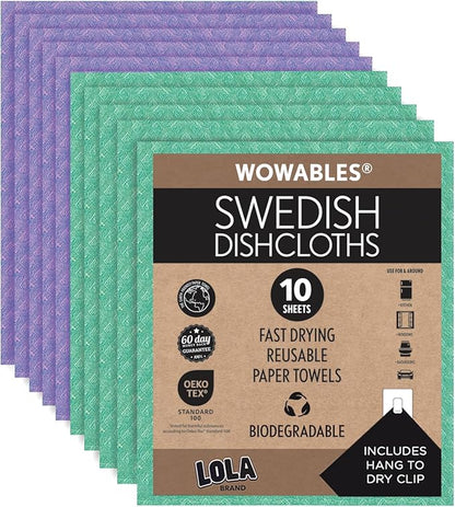 LOLA Swedish Dishcloths for Kitchen 10 Sheets, Biodegradable & Compostable Reusable Paper Towel Cleaning Cloths No Odor Washing Dishes Ultra Absorbent Cellulose Sponge Towel Made in Germany