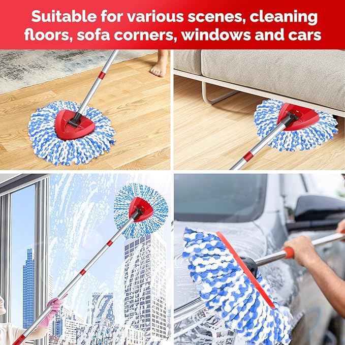 O-Cedar Spin Mop Head, Base, Handle Replacement for RinseClean 2 Tank System, 4 Microfiber Mop Refills, 1 Base and 30-58in Handle Set Combo, Blue, for Wood, Tile, Laminate, Marble
