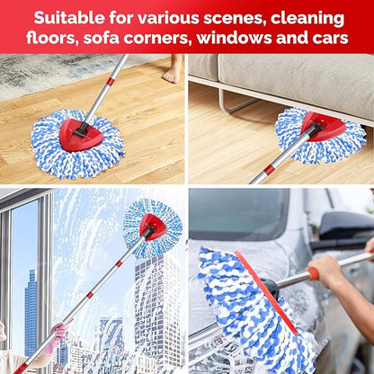O-Cedar Spin Mop Head, Base, Handle Replacement for RinseClean 2 Tank System, 4 Microfiber Mop Refills, 1 Base and 30-58in Handle Set Combo, Blue, for Wood, Tile, Laminate, Marble