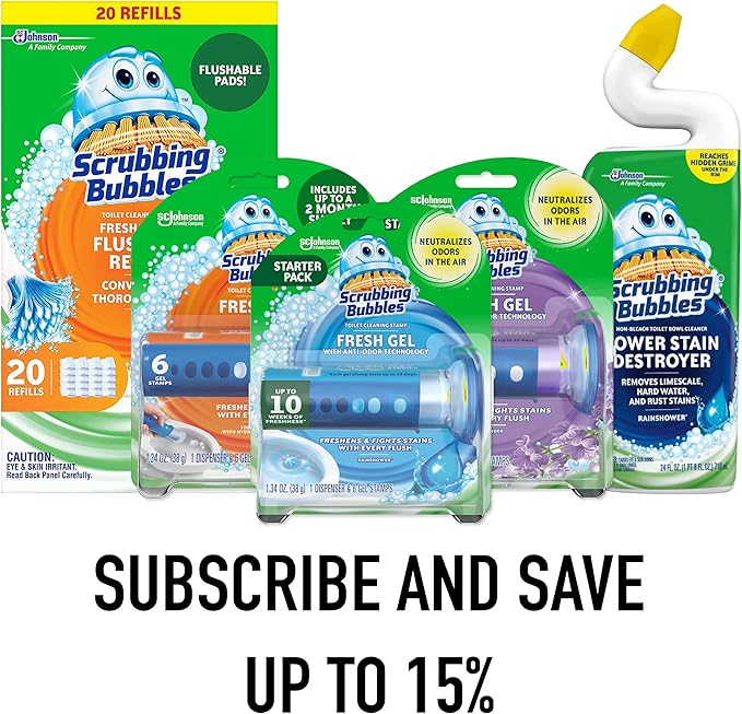 Scrubbing Bubbles Fresh Gel Toilet Bowl Cleaning Stamps, Helps Keep Toilet Clean and Helps Prevent Limescale & Rings, Rainshower Scent, 1 Dispenser with 6 Fresh Gel Stamps (Pack of 6)