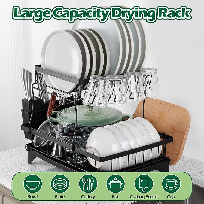 E-far Dish Drying Rack for Kitchen Counter, 2 Tier Small Dish Drainer Drying Rack, 16.7" x 11.8" x 13.9" Metal Organizer with Drainboard and Utensil Holder, Large Capacity & Space Saving, Black