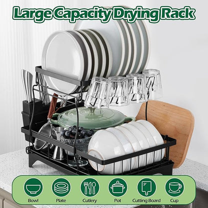 E-far Dish Drying Rack for Kitchen Counter, 2 Tier Small Dish Drainer Drying Rack, 16.7" x 11.8" x 13.9" Metal Organizer with Drainboard and Utensil Holder, Large Capacity & Space Saving, Black