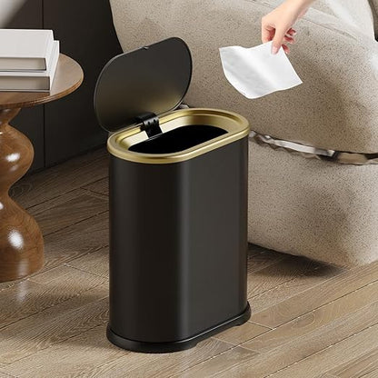 KSSKSS 1.8 Gallons Small White Bathroom Trash Can with Lid, Slim Bathroom Garbage Bin, Dog Proof Trash Can with Pop-Up Lid for Bedroom,Toile, Black
