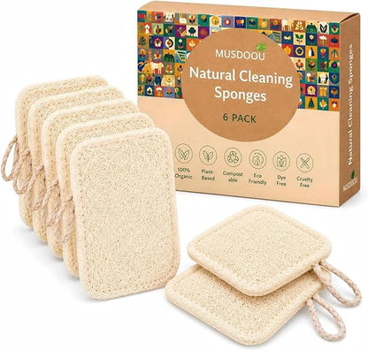 Natural Loofah Dish Scrubber Sponges, 6 Pack Large Plant-Based Kitchen Cleaning Pads, Compostable Non-Scratch Scouring Sponge for Dishes, Sink, Grout and Tile, 4.4 x 2.8 in