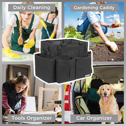 SCAVATA Compact Wearable Cleaning Caddy, Small Supplies Organizer with Handle & Shoulder Straps for Housekeepers, Under Sink & Car Cleaning Tool Organizer Bag (Black)