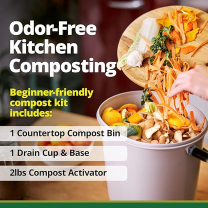 TeraGanix Bokashi Compost Starter Kit, Essential Bucket + Base, Indoor Composting, 15.3L (4gal) Capacity, Airtight, Odor & Pest-Free, Includes Bokashi Rice Bran & Liquid Collection Base, (Grey)