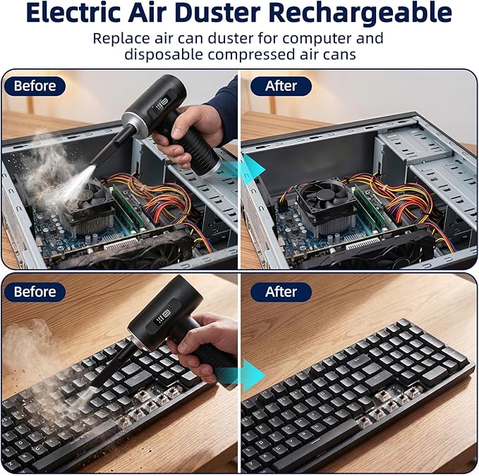 Compressed Air Duster & Vacuum Cleaner-3 Gear Adjustable 100000RPM Handheld Car Vacuum/Air Blower,Electric Air Duster with LED Light for Keyboard Electric Devices Cleaning.Replaces Compressed Air Cans
