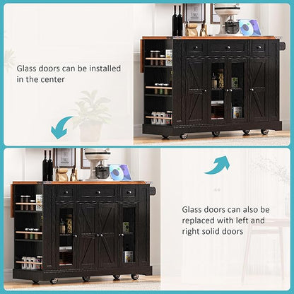 53" Farmhouse Kitchen Island with 2 Tempered Glass Cabinet Doors, Power Outlet, Rolling Kitchen Cart on Wheels with Drop Leaf, 5 Open Side Racks, 3 Drawers, for Kitchen, Black