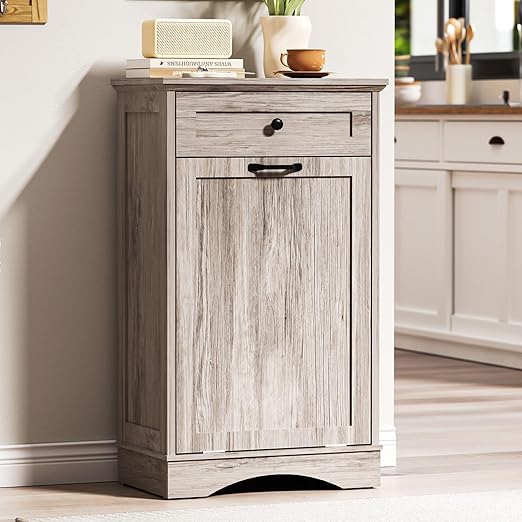 AHB 13 Gallons Tilt Out Trash Cabinet Hidden Trash Can Cabinet Freestanding Garbage Recycling Cabinet with Hideaway Drawer Pet Proof Trash Bin for Kitchen Living Room, Grey