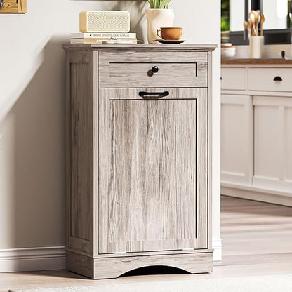 AHB 13 Gallons Tilt Out Trash Cabinet Hidden Trash Can Cabinet Freestanding Garbage Recycling Cabinet with Hideaway Drawer Pet Proof Trash Bin for Kitchen Living Room, Grey