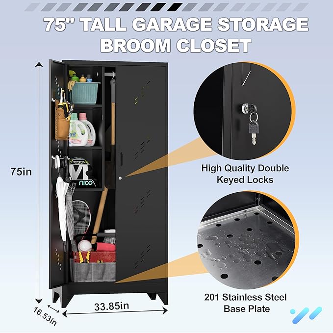 VASAAOSD Metal Garage Storage Cabinet, 75” Cleaning Tool Cabinet with Hooks and Hanging Rods, Heavy Duty Garden Tool Organizer, Broom Cabinets for Home, Garage, Laundry Room, Gym, Workshop