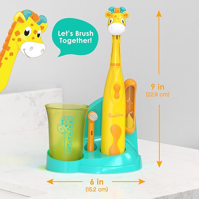 Brusheez Kids’ Electric Toothbrush Set - Safe & Effective for Ages 3+ - Parent Tested & Approved with Gentle Bristles, 2 Brush Heads, Rinse Cup, 2-Minute Timer, & Storage Base (Jovie the Giraffe)