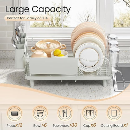 Dish Drying Rack Large Capacity - Stainless Steel Dish Rack for Kitchen Counter with Drain Board, Rustproof Dish Drainer with Auto Drain Spout, Utensil Holder & Glass Holder, Dinnerware Organizer