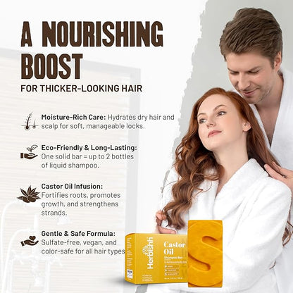 Herbishh Shampoo Bar for Hair Growth – Strengthening & Nourishing, Solid Soap for Thinning Hair, Paraben-Free & Sulfate-Free, 3.53 oz (Caster Oil Shampoo, Pack of 1)