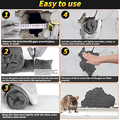 Steel Wool Mice Control, 6 Pack 3.2" x60 FT #0000 Steel Wool Roll &1 Pack 5" x30 FT Wire Mesh, Mouse Hole Filler for House Garage Garden, Extra Fine Stainless Steel Wool for Polishing Chrome Glass