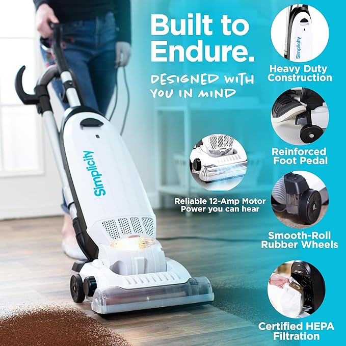Simplicity Vacuums Allergy Upright Bagged Vacuum Cleaner and Pet Hair Remover Upholstery Tool Bundle, Lightweight Vacuum Cleaner for Floor and Carpet, Certified HEPA Filter and Bag Included