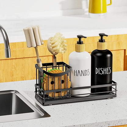 Moforoco Kitchen Dish Soap Dispenser Set, 16OZ Glass Bottle, Hand and Dish Soap Dispenser Set, Instant Dry Tray, Brush Holder with Smiley Face Sponge Holder (Universal Black Tray+Black&White Bottle)