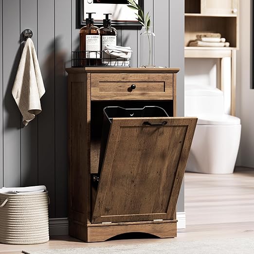AHB 13 Gallons Tilt Out Trash Cabinet Hidden Trash Can Cabinet Freestanding Garbage Recycling Cabinet with Hideaway Drawer Pet Proof Trash Bin for Kitchen Living Room, Vintage Oak