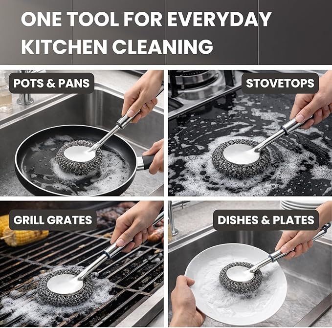Long Handle Steel Wool Scrubber, Stainless Steel Pot & Pan Scrubber with Replaceable Scouring Ball, Heavy Duty Cast Iron Cleaner for Skillets, Griddles & Cookware (Silver / 1 Pack)