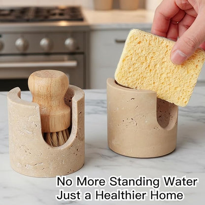 Natural Travertine Stone Sponge Holder, Compact Upright Sink Organizer for Kitchen & Bathroom Countertops, Porous Stone Design Supports Everyday Drying, Minimal Decor, Beige