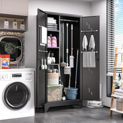 Broom Closet Storage Cabinet, Black Metal Cabinet with Lockable Doors, 75" Tall Garage Storage Cabinets, Outdoor Cleaning Broom Closet Organizer, Steel Tool Cabinet, Kitchen Pantry Cabinets