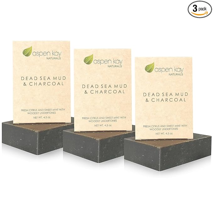 Aspen Kay Naturals Dead Sea Mud and Charcoal Soap Bar. With Organic Shea Butter & Pure Essential Oils. Charcoal Face Wash for Men, Women & Teens. (3 pack)